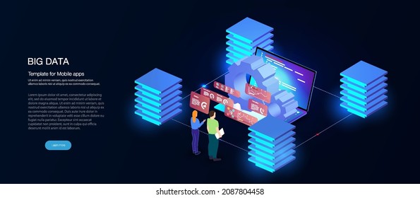 Cloud services isometric composition.Big data analysis storage business intelligence Connection concept. Big data digital background.Network digital technology concept.Big data flow processing concept