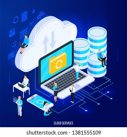 Cloud Services Isometric Composition With Flat Silhouette Pictograms And Big Icons Of Cloud Storage With People Vector Illustration