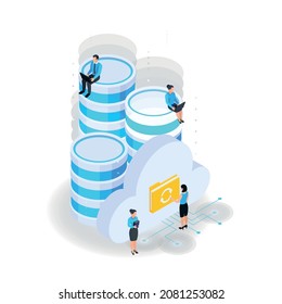 Cloud services isometric composition with icons of server capsules with cloud folder icons and human characters vector illustration