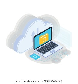 Cloud services isometric composition with icons of laptop with folder on screen sync sign and smartphone with cloud vector illustration