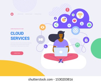 Cloud services landing page vector template. Wireless technology website homepage interface idea with flat illustrations. Data storage. Cloud computing, networking web banner cartoon concept