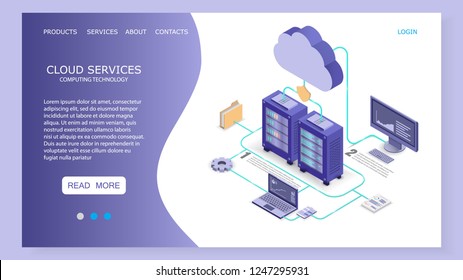 Cloud services landing page website template. Vector isometric illustration. Cloud computing technology concept with desktop pc, laptop, hosting servers, file folder connected to cloud.