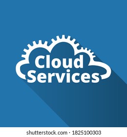 Cloud services logo, icon. SaaS, PaaS, IaaS. Technology, packaged software, decentralized application, cloud computing. Gears in the cloud line. Vector illustration