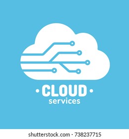 Cloud services logo. Cloud silhouette with tech circuit pattern. Storage and computing technology, isolated vector illustration.