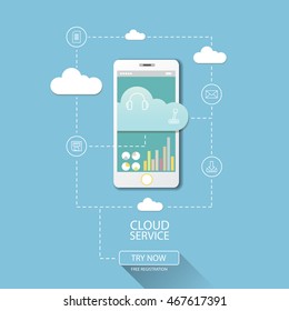 Cloud services mobile flat web infographic technology application. internet business concept vector illustration. Design elements icons for mobile applications infographics and workflow layout