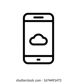 Servicios de cloud en teléfonos móviles, tecnología de Internet, almacenamiento remoto de datos, diseño de esquema. Icono negro sobre fondo blanco