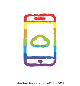 Cloud services on mobile phone, internet technology, remote data storage, outline design. Drawing sign with LGBT style, seven colors of rainbow (red, orange, yellow, green, blue, indigo, violet
