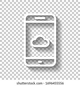 Cloud-Dienste auf Mobiltelefon, Internettechnologie, Remote-Datenspeicherung, Rahmendesign. Weißes Symbol mit Schatten auf transparentem Hintergrund