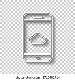 Cloud services on mobile phone, internet technology, remote data storage, outline design. White outline sign with shadow on transparent background