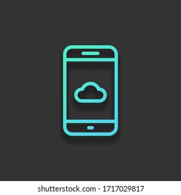 Cloud-Dienste auf Mobiltelefon, Internettechnologie, Remote-Datenspeicherung, Rahmendesign. Farbiges Logo-Konzept mit weichem Schatten auf dunklem Hintergrund. Symbolfarbe des Azurmeers