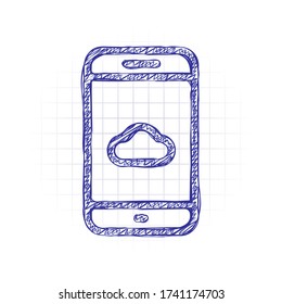 Cloud services on mobile phone, internet technology, remote data storage, outline design. Hand drawn sketched picture with scribble fill. Blue ink. Doodle on white background