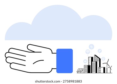 Cloud services, sustainable energy, smart cities, digital innovation, urban technology, renewable resources. An open hand supporting buildings under a cloud. Cloud services and sustainable energy