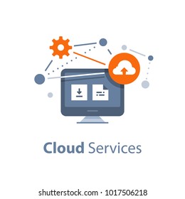 Cloud services and technology, storage solution, data exchange, online network concept, vector flat illustration