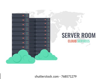 Cloud services vector concept, server rack on world map background with clouds, server room, data center flat illustration on white background