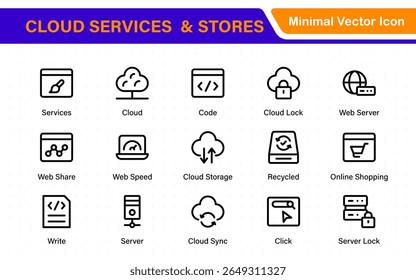 Conjunto de iconos de servicios en la nube y alojamiento de Web. Paquete de icono de estilo lineal. colección de icono de esquema.