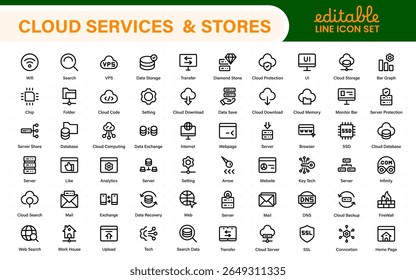 Cloud services and web hosting icons Set. Linear style icon bundle.Outline icon collection.