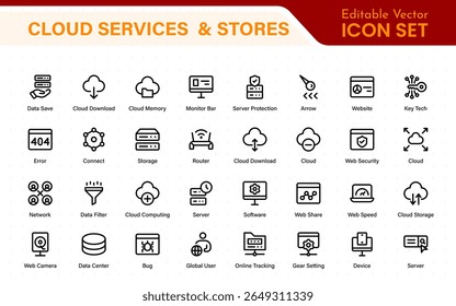 Cloud services and web hosting icons Set. Linear style icon bundle.Outline icon collection.