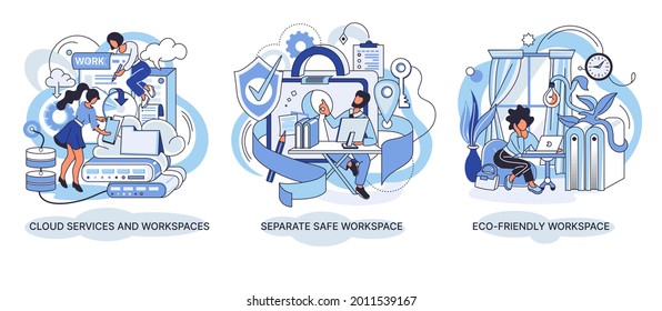 Cloud services and workspaces set. Separate safe workspace. Space with creative people working together. Smart personal space. Eco-friendly workspace creative metaphor Smart business Creative metaphor