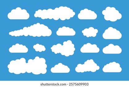Cloud set with abstract white fluffy shapes isolated on a soft blue background. Includes various cloud designs ideal for backgrounds, web graphics, and creative projects. Vector illustration.