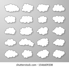 Cloud set in cartoon stile with shadow isolated on gray background. Vector illustration.