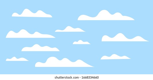 Cloud set. Cartoon white clouds on blue sky. Stylized Design elements collection.