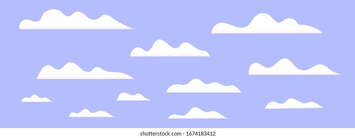 Cloud set. Cartoon white clouds on blue sky. Stylized Design elements collection.