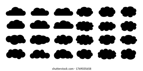 Cloud set flat cartoon silhouette. Abstract black cloudy collection. Label, symbol, shape different clouds sky glyph. Nature weather elements. Isolated vector illustration