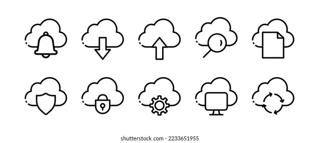 Cloud set icon. Cloud storage, exchange, neural network, data store, database, remote access, cloud service, artificial intelligence. Vector line icon on white background