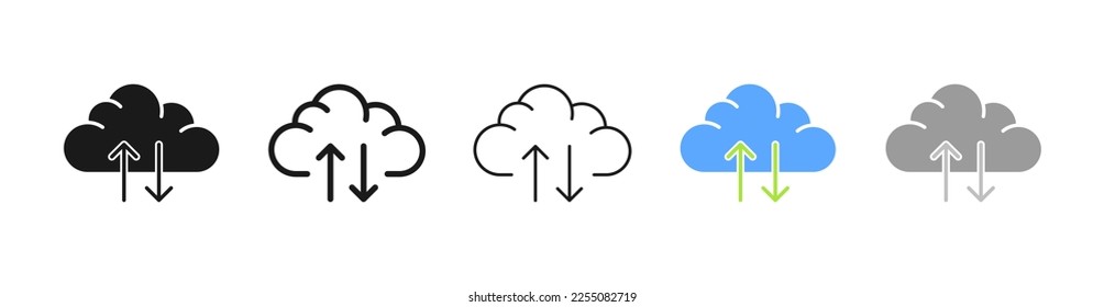 Cloud set line icon. Data storage, information, online, remote server, store, transfer, download, remote control, user. Internet concept. Vector five icon in different style on white background