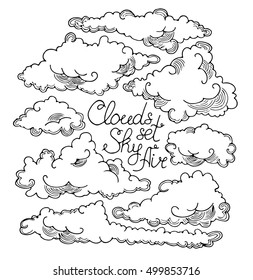 Cloud set sky air. Clouds vector decorative element on whit background. Doodle style. Cute hand drawn illustration. Isolated object. For design, print, autumn, cloth, design, icon, logo, poster. Eps10