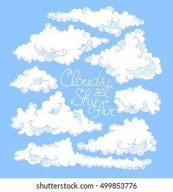 Cloud set sky air. Clouds vector decorative element on blue background. Doodle style. Cute hand drawn illustration. Isolated object. For design, print, autumn, cloth, design, icon, logo, poster. Eps10