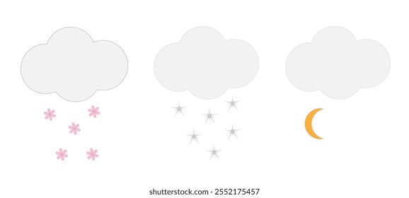cloud set snowflakes, month and flowers on a white background,