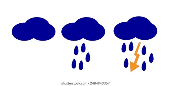 cloud set of three lightning rain on a transparent background ,