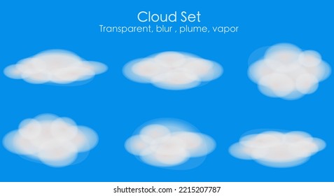 Cloud set. Transparent blur, plume, vapor. Nature chubby long splayed. Cartoon altocumulus, cumulus realistic, clouds collection. Summer, spring blue sky background. Illustration vector