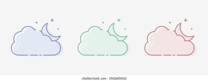 Ilustración vectorial de conjuntos de nubes con colores netrales pastel para el clima, el diseño web y ui. Símbolo vectorial de sol y luna con nube aislada en fondo blanco. El conjunto de elementos meteorológicos naturales. Nube plana