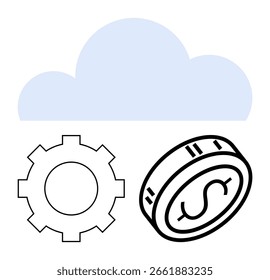 Cloud shape above a gear and coin icon depicting technological advancement, financial growth, and operational efficiency. Ideal for finance, cloud computing, technology integration, economic