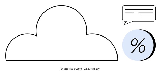 Cloud shape accompanied by a speech bubble and a percentage symbol in a circle. Ideal for data storage, cloud computing, communication, analytics, technology, internet services, education. Line