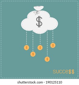 Cloud in shape of bag and hanging coins with dollar sign. Success. Vector illustration.