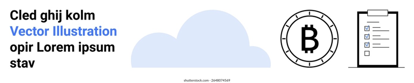 Forma de la nube, ícono de Bitcoin, Portapapeles con lista de verificación. Ideal para tecnología, finanzas, blockchain, gestión de tareas, organización, planificación de seguridad