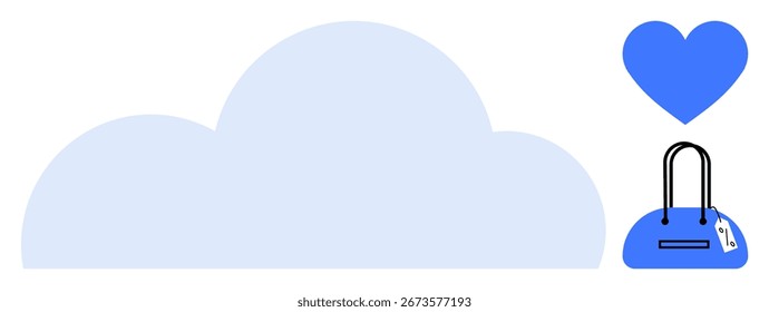 Forma de nube con un bolso azul y un símbolo de corazón. Ideal para compras en línea, almacenamiento, servicios en la nube, comercio electrónico, moda, marketing digital y redes sociales. Metáfora de línea