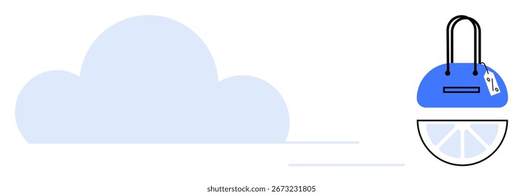 Forma de nube y bolso azul con etiqueta, que representa la seguridad del almacenamiento y el acceso. Ideal para tecnología, almacenamiento digital, computación en nube, seguridad de datos, compras en línea, servicios de TI, negocios modernos