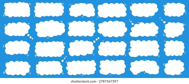 Cloud shape bubble for frame, fluffy speech and text box label. Sticker sky blue for promotion. Cute badge vector icons. Cloudy think flat for frame design and fluffy fun tags. Vector label for promo.