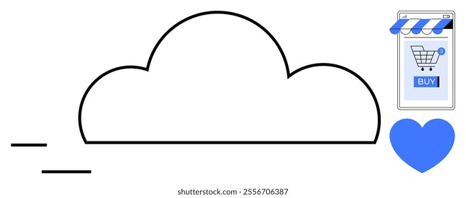 Cloud shape in the center with a shopping cart app icon on the top right and a blue heart below it Ideal for e-commerce, cloud computing, online shopping, digital marketing, app development Flat