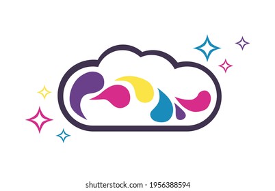 Cloud shape with color splashes in it and with sparkles. Vector isolated on white.