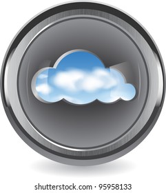 Cloud shape cut out from brushed metal with a view of the clouds in the sky. Cloud computing abstract concept. Vector illustration.