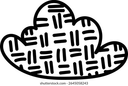 Uma forma de nuvem preenchida com um padrão de linha geométrica em um estilo de contorno negrito. A ilustração representa uma nuvem com uma aparência texturizada usando elementos lineares repetitivos. Ilustração de vetor de desenhos animados.
