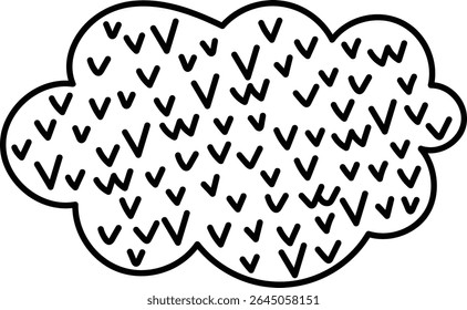 A cloud shape filled with numerous check marks in a playful drawing style. The pattern consists of repeated tick symbols creating a whimsical texture. Cartoon vector illustration.