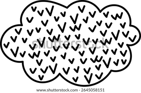 A cloud shape filled with numerous check marks in a playful drawing style. The pattern consists of repeated tick symbols creating a whimsical texture. Cartoon vector illustration.