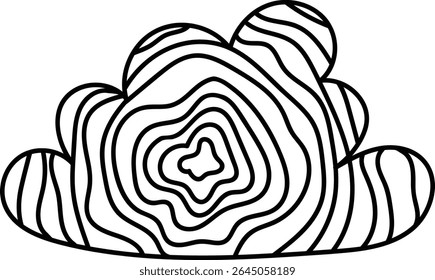 A cloud shape filled with wavy, concentric lines in a bold outline style. Curved patterns create a dynamic, flowing appearance. Cartoon vector illustration.