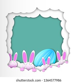 cloud shape frame with rabbits sneak in the clouds for happy holiday,vector or illustration with paper art style